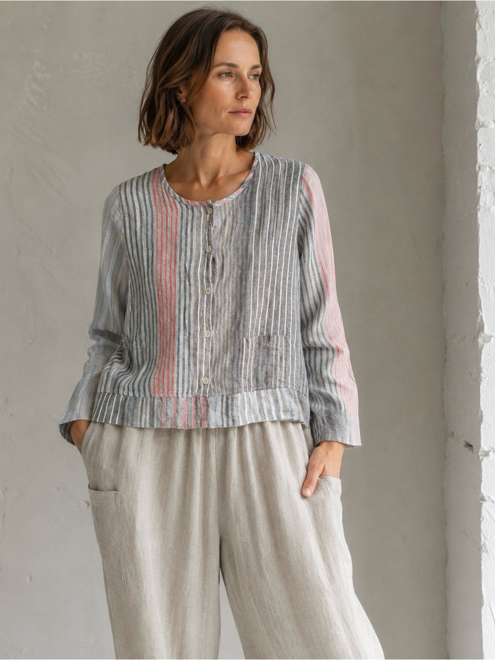 FLAX Linen Striped Button Front Blouse Relaxed Fit Long Sleeve Large Lagenlook